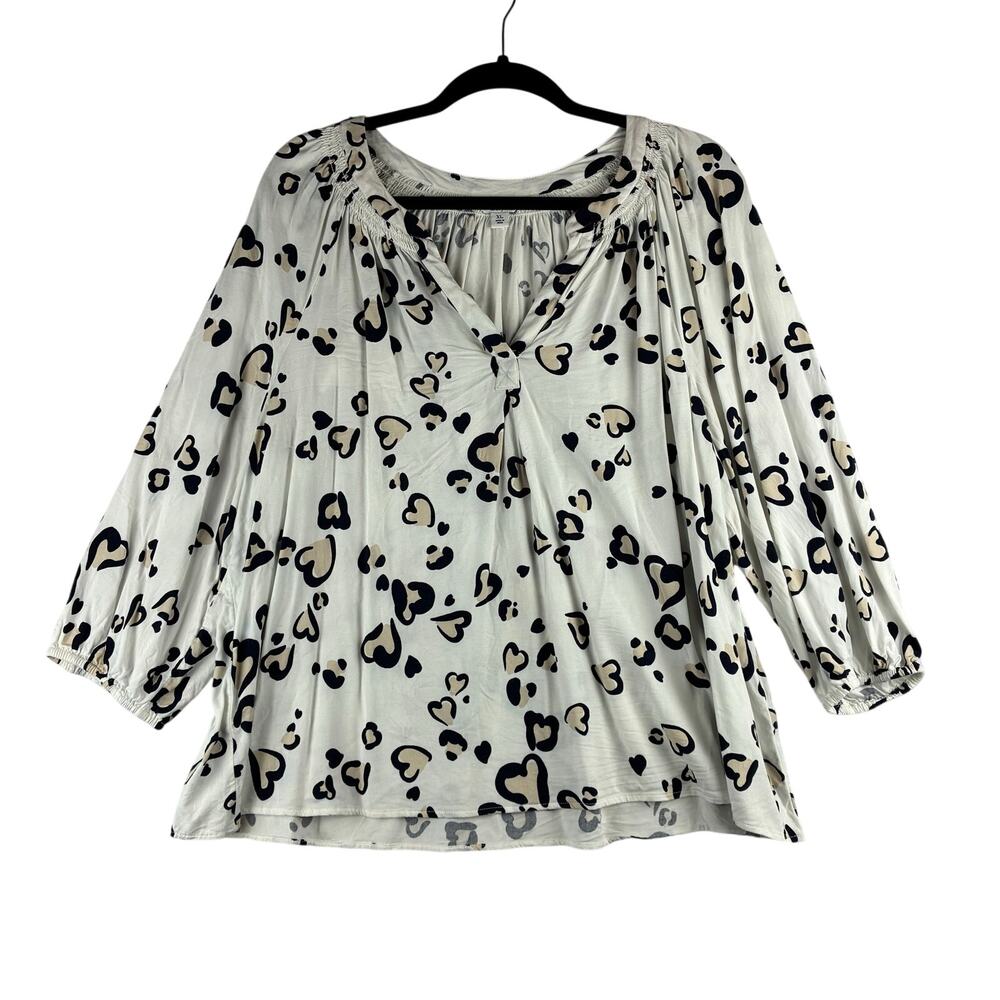 Crown & Ivy Popover Blouse Women’s XL Leopard Heart Print Casual Office Rayon